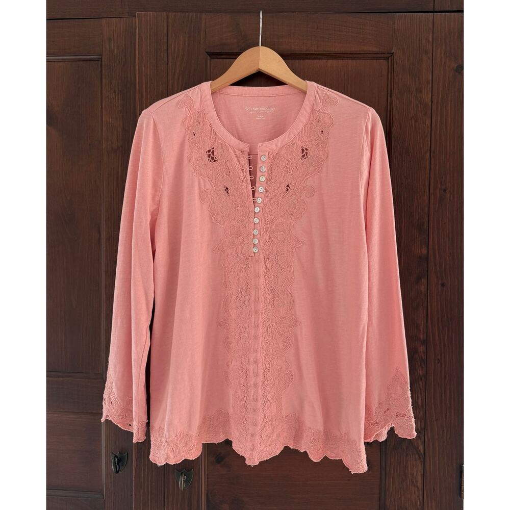 Soft Surroundings Madelyn Tunic Top Embroidered Lace Trim Peach Pink XL Bohemian